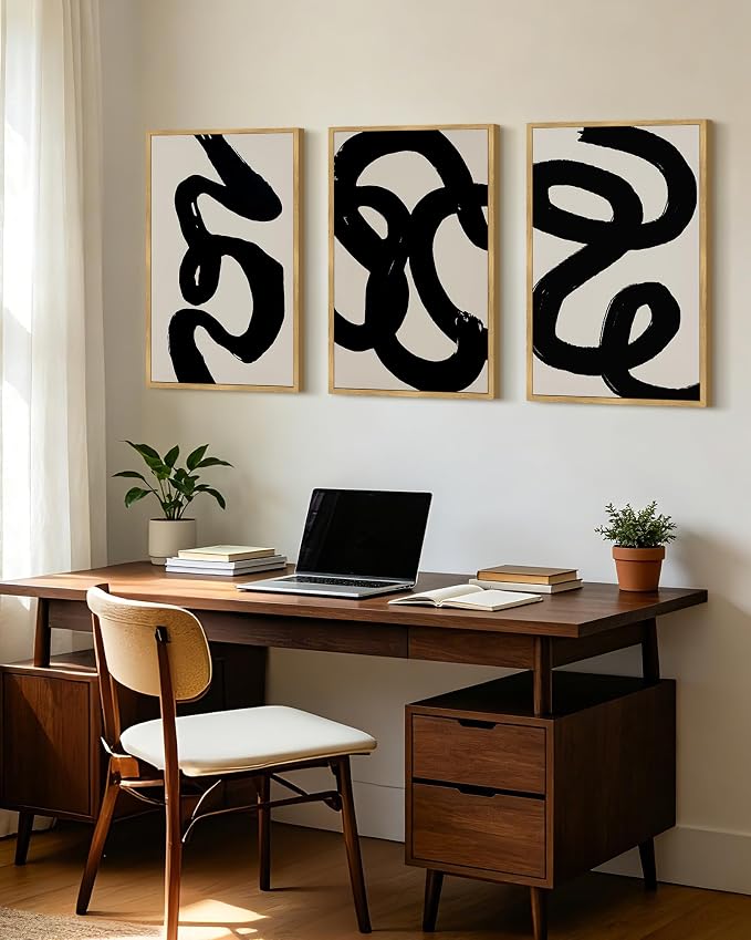 PHOPAGO Black Abstract Modern Framed Wall Art Large 16x24in Ink Wash Minimalist Thick Black Lines Paints Artwork Bedroom Living Room Home Decor - Natural Framed