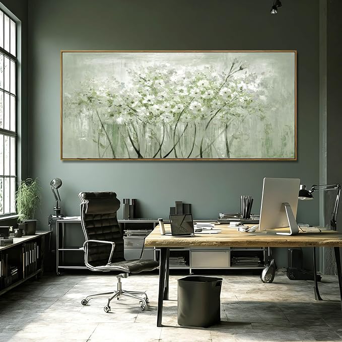 Green and White Floral Wall Art Blossom Canvas Painting Nature-Inspired Artwork Large 40x88 Modern Framed Wall Decor for Living Room Bedroom Office