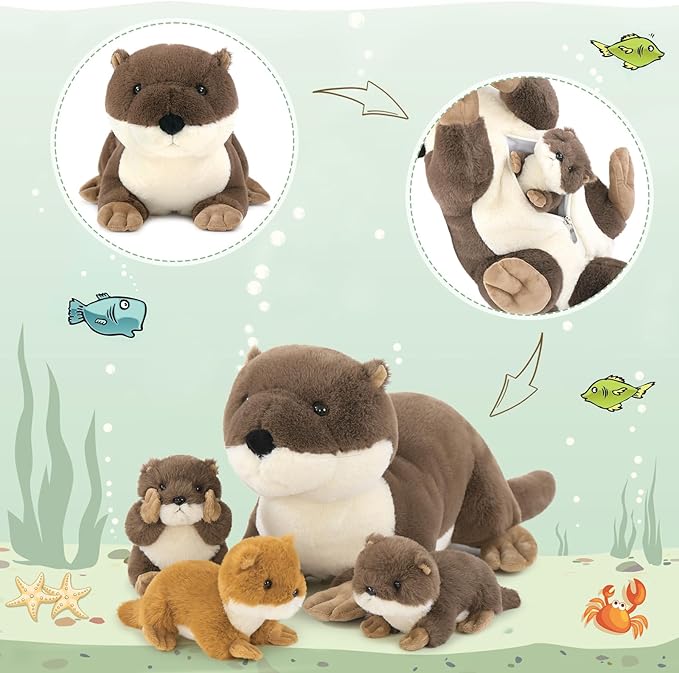 MaoGoLan 4pc River Otter Stuffed Animal with 3 Babies Inside-24in Giant Lifelike Soft Otter Plush Toys-Cuddly Wildlife Stuffed Animal for Kids