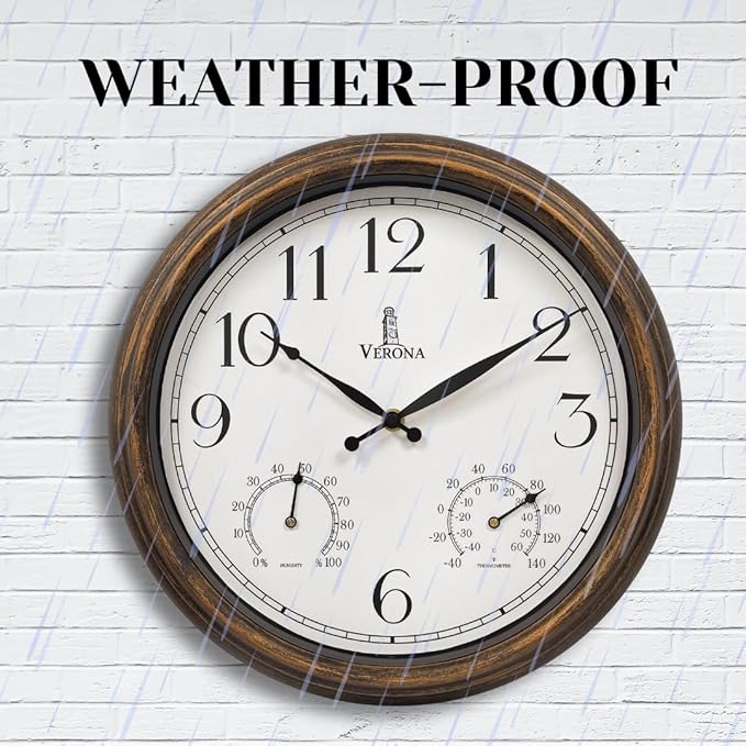 Outdoor Clocks for Patio Waterproof with Thermometer - 14 inch Indoor Outdoor Clock with Temperature and Humidity - Weatherproof, Accurate & Easy to Read Wall Clock for Pool, Patio, Garden &Home Decor