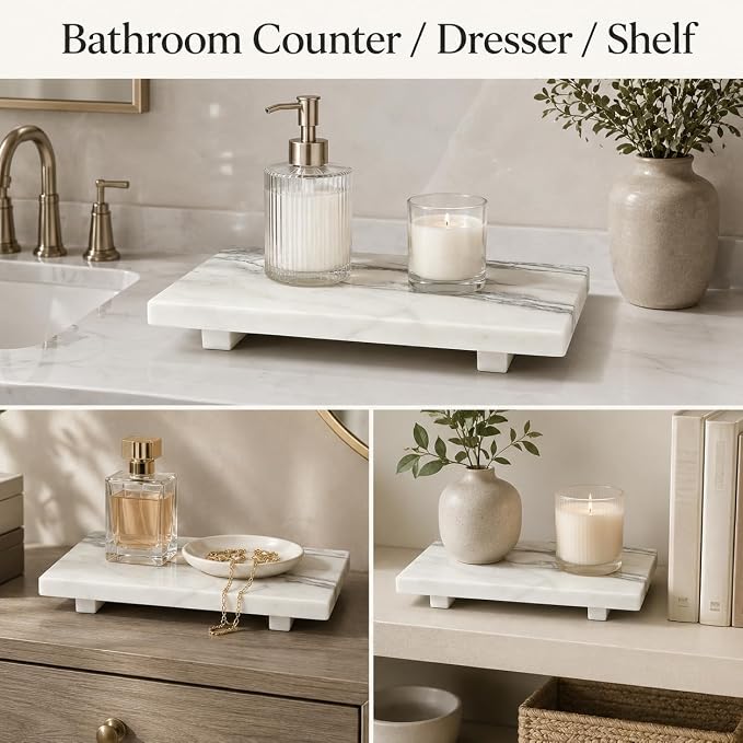 White Marble Pedestal Stand for Vanity & Bathroom | 9.84 Inch Decorative Riser for Perfume, Candle, Jewelry, Dresser and Shelf Decor