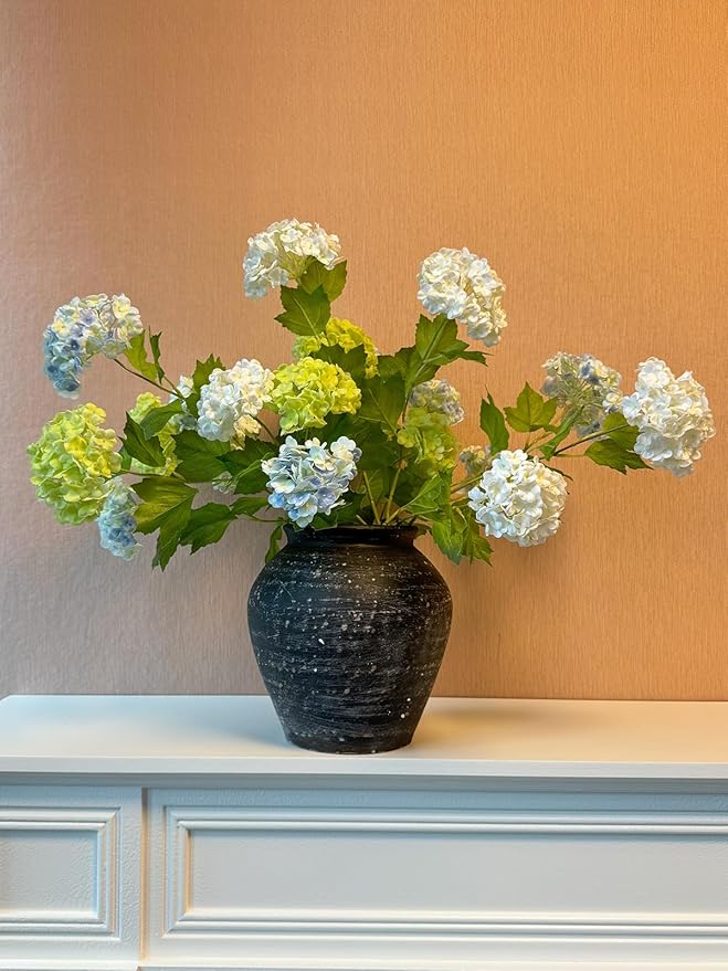 YalzoneMet Artificial Snowball Viburnum 4 Pcs 26.8 in Graduated Blue Small Hydrangea 2 Head Natural Lifelike Real Touch Faux Latex Long Stem Vibernum Flower for Home Decoration Outdoor Wedding Deco