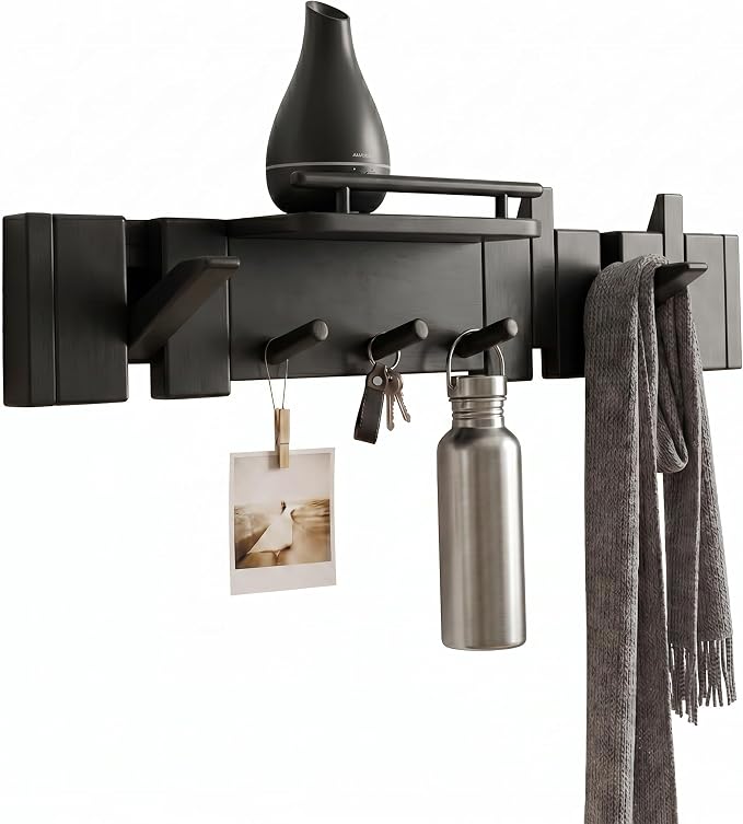 Mid Century Modern Walnut Foldable Entryway Wall Coat Hanger Hook with Shelf,Heavy Duty Wooden Piano Hidden Towel Hooks for Bathroom,Wall Rack for Purse&Key&Mail,Home Decor (Black, 7 Hooks)