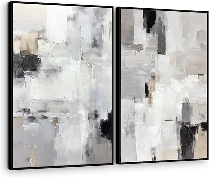 Zessonic Neutral Abstract Wall Art, Large Modern Textured Framed Canvas Wall Decor, Minimalist Prints Paintings, Black White Grey Artwork Pictures for Home, Living Room, Office, 24"x36"x2