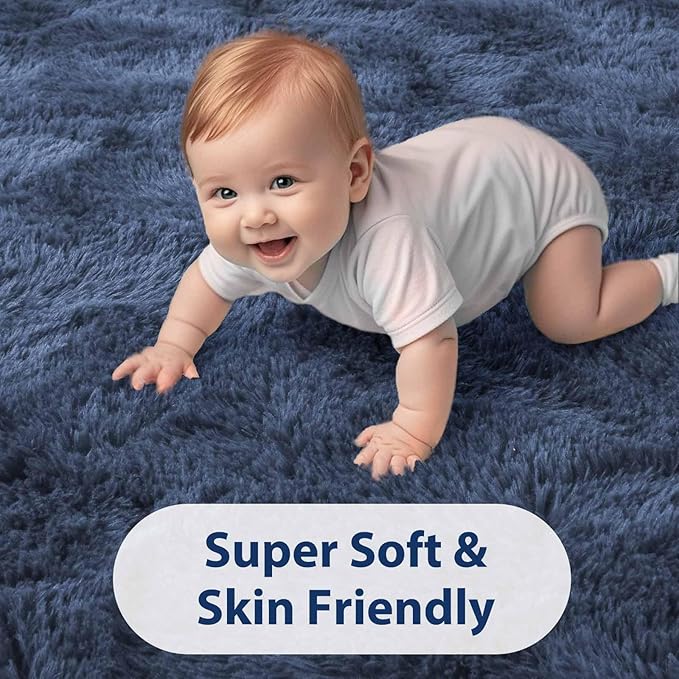 FinRèc Dark Blue Rug for Bedroom Living Room, 4x6 Feet High Pile Plush Area Rug, Non-Slip Soft Fluffy Carpet for Nursery Kids Room Dorm Room Home Decor, Indoor Fuzzy Floor Rugs