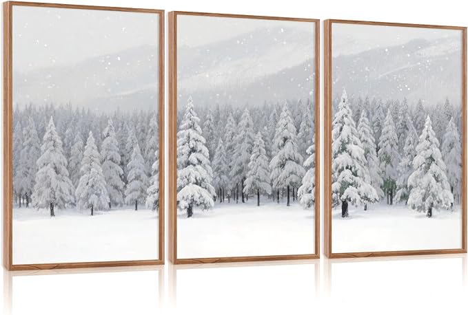CHDITB Snowy Christmas Pine Trees Framed Canvas Wall Art(16"x24"), 3 Panels Winter Forest Landscape Artwork Prints, Large Neutral Abstract Nature Evergreen Snow Scene Xmas Gift Decor for Home Office Bedroom