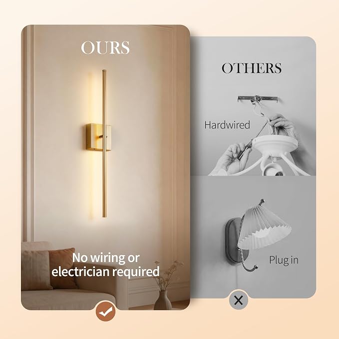 KARTOOSH 28.3 Inch Wall Sconces Battery Operated for Living Room Gold | Rechargeable Wireless Wall Lamp Set of 2, 3000K Warm White Dimmable Wall Light Remote Control Indoor Lighting for Bedroom
