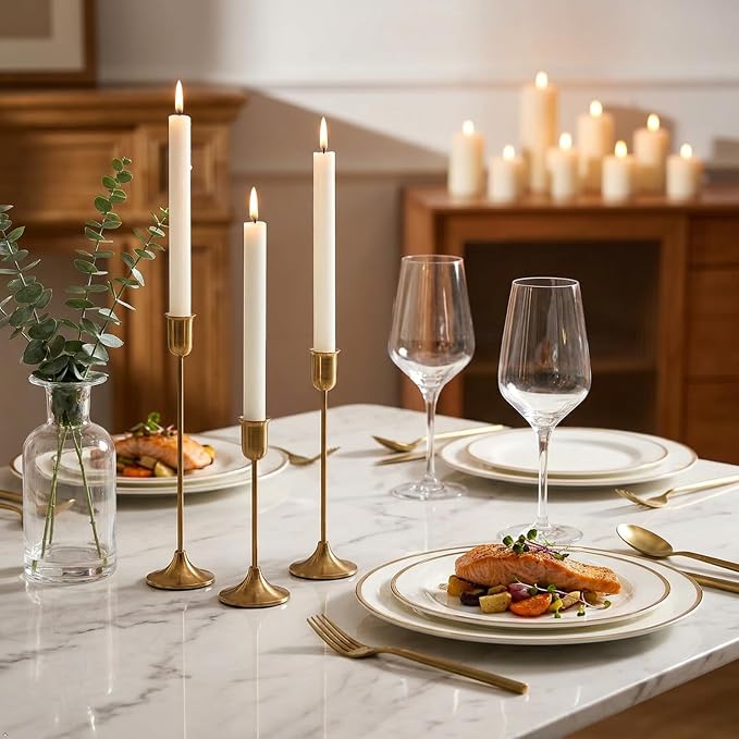 Gold Candlestick Holders Taper Candle Holders, Brass Metal Candle Stick Holders Set of 3, Vintage Modern Decorative Table Centerpiece for Candlelight Dinner, Mantel Wedding Housewarming Décor