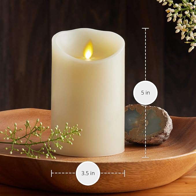 Luminara Scalloped Edge Flameless LED Candle - Ivory 3.5" x 5" - Real Wax Pillar Battery Operated Moving Flame w/Timer Unscented 1000Hr Runtime