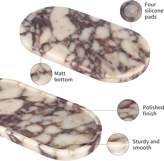 Oval Marble Bathroom Vanity Tray, Natural Luxury Marble Home Kitchen Bathroom Table Tray, Stone Decorative Countertop Tray for Coffee Perfume Jewelry (Calacatta Viola, 12" x 6" x 0.8")