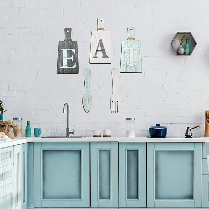 Jetec Cutting Board Eat Sign Set Hanging Art Kitchen Eat Sign Farmhouse Fork and Spoon Wall Decor Rustic Primitive Country Kitchen Decor for Home over Cabinet Decoration(Gray, White, Blue)