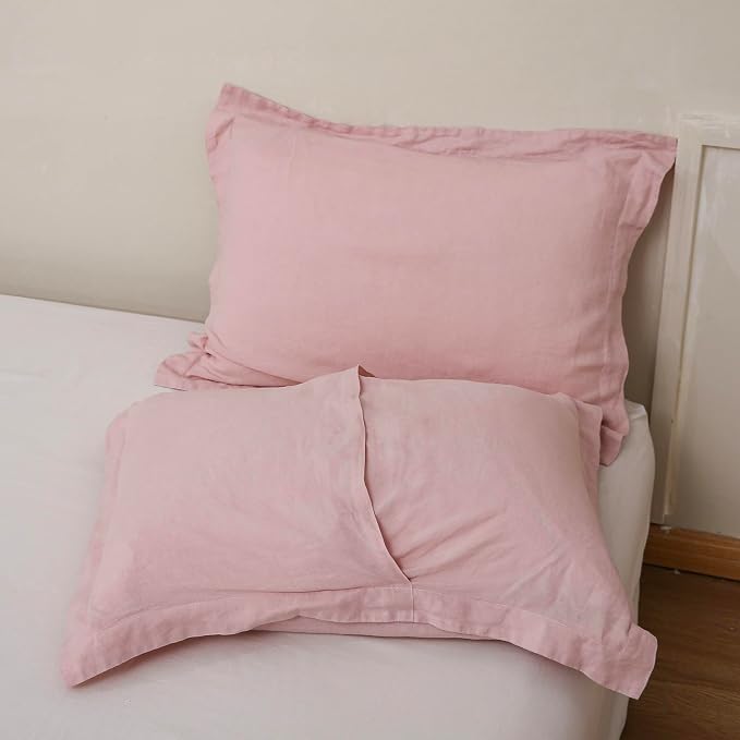 100% French Linen Pillow Shams Basic Style - Pack of 2 - Washed Solid Color Natural Flax Soft Breathable - Blush Pink, 20'' x 26''