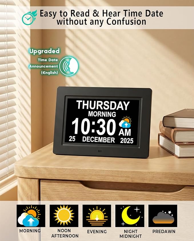 Upgraded Voice-Talking Dementia Clock with Date Time, 27 Alarms Custom Reminders, Sleep Trainer, Large Numbers, Auto DST, 10 Levels Night Dimmer, Digital Calendar Clock for Elderly, with 1.5M Adaptor