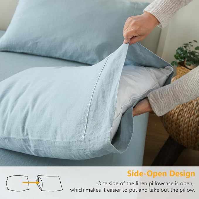 Simple&Opulence 100% French Linen Pillowcase King Size-Set of 2- Washed Solid Color Pillow Cases Embroidered -Soft and Durable (Dusty Blue, 20''x40'')