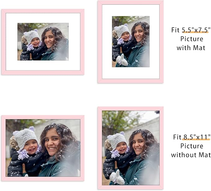 Picrit 8.5x11 Picture Frame Set of 12, Display 6x8 with Mat or 8.5 x 11 without Mat, Photo Frames for Wall Mounting or Table Top Display, Pink