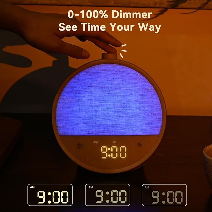 Vivilumens Sunrise Alarm Clock with Sound Machine, Gentle Wake-Up Light, Dual Alarms for Heavy Sleepers Adults, Dimmable RGB Mood Light Digital Alarm Clocks for Bedrooms, Wood Grain