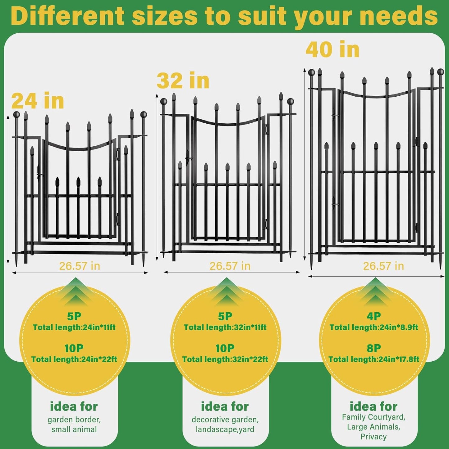 8 Panels No Dig Decorative Garden Fence with Gate, 40in(H) × 17.6ft(L) Heavy-Duty Rustproof Metal Panels, Outdoor Dog Barrier for Yard & Patio, Landscape, Border| Portable Temporary Fencing