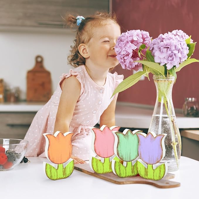Whaline 4 Pcs Spring Tulip Flower Wooden Table Sign Tabletop Centerpiece Rustic Pastel Colorful Floral Tiered Tray Decor for Party Home Farmhouse Decoration