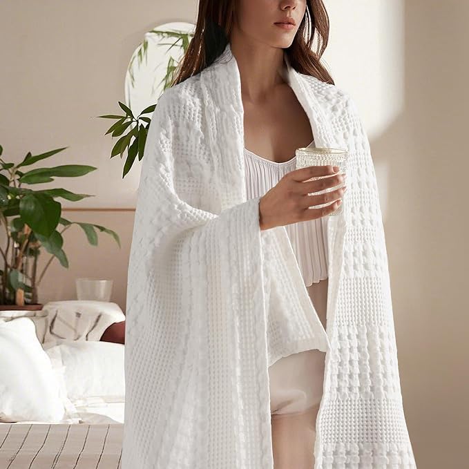 PHF 100% Cotton Waffle Throw Blanket for Couch, Lightweight Breathable and Soft for Summer, Luxury Aesthetic Waffle Weave Blanket for Home Decor & Office, Gifts for Women, 50"x60", White