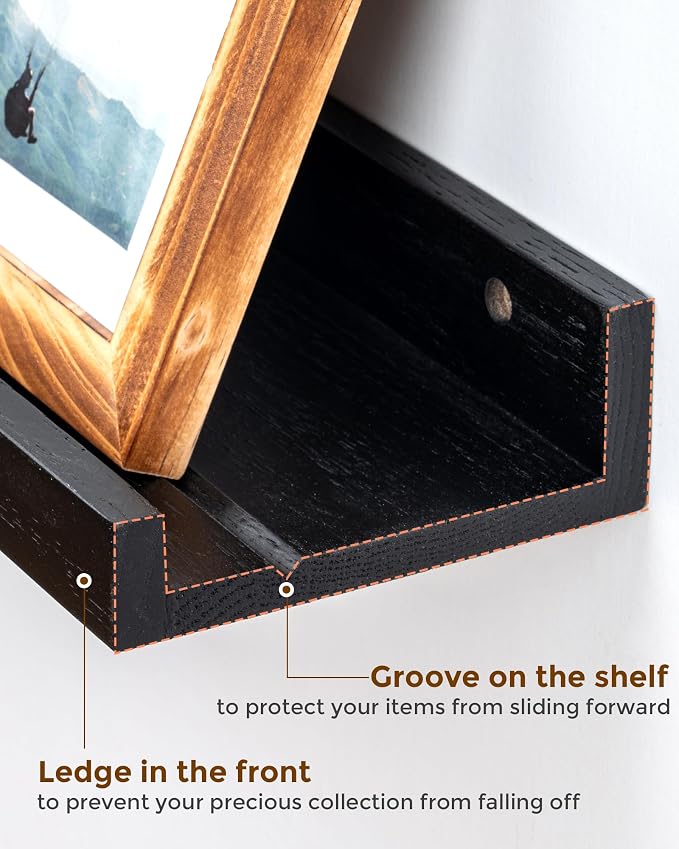 Axeman Oak Picture Ledge Shelf, 36 Inch Floating Shelves Set of 2, Solid Oak Wood Wall Shelves with Lip, Wall Decor Storage for Bedroom Living Room Bathroom Kitchen Nursery Photo Picture, Black