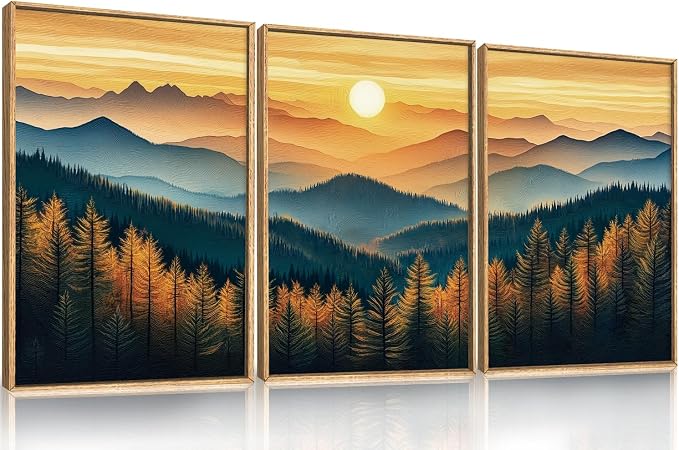 Large Boho Sunrise Mountain Framed Canvas Wall Art,Abstract Nature Forest Wall Decor,Foggy Pine Tree Painting,Retro Landscape Artwork for Living Room,Bedroom,Dining Room,Office -24"x36"x3