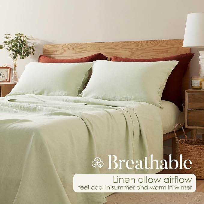 DAPU 100% Linen Pillowcases 20x40 Inches Pillow Cases (Pack of 2) with Envelope Closure, Stone Washed Breathable and Cooling (Sage Green, King)