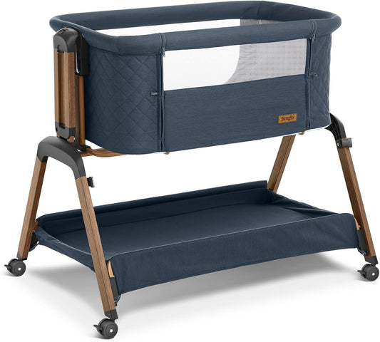 3 in 1 Baby Bassinet, Rocking Bassinets with Comfy Mattress and Wheels, Adjustable Height Bassinet Bedside Sleeper, Easy Folding Portable Crib for Newborn (Navy Blue)
