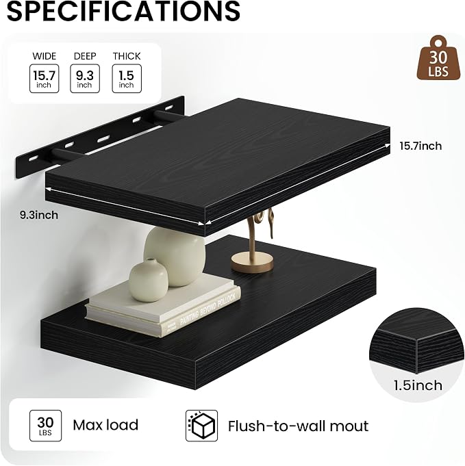 Heimlove 16 inchs Floating Shelves for Wall Set of 2,Black Shelf for Small Bathroom,Bedroom,Living Room,Kitchen,Modern Home Decor,Rustic Farmhouse Wall Shelves with Invisible Brackets