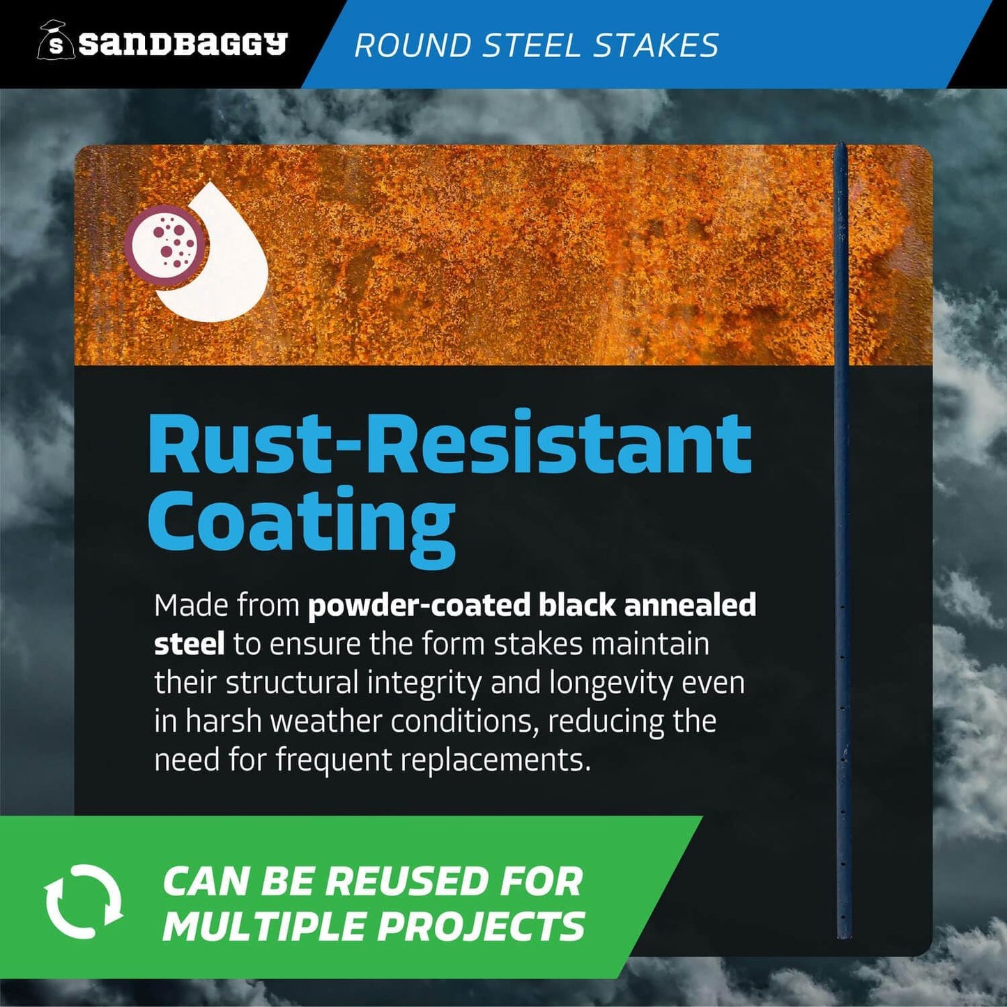 Sandbaggy Round Steel Concrete Form Stakes with Nail Holes - Rust Resistant Coating - Removable, Reusable (200, 3/4 in X 48 in)