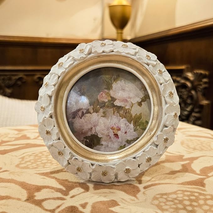 SYLVIA'S SHOP 3x3 Small Vintage Round Picture Frame, Mini Antique White Ornate Circle Photo Frame, for Tabletop and Wall Display, Decorative Floral Design Retro Home Decor, Photo Gallery Art