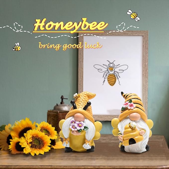 Hodao Bee Gnomes Set of 2 - Honey Bee Day Resin Statues, Summer Spring Gnome Figurines Decor for Home Kitchen Tiered Tray, Cute Bumble Bee Bumblebee Decorations for Table Office Garden Shelf, 4.3" H