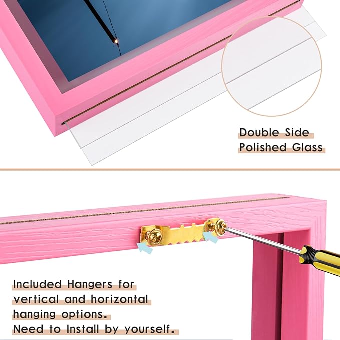 MUYE 5x7 Floating Frame Set of 2,Double Real Glass Photo Frame for Wall Hanging or Tabletop Standing,Also Display 4x6 or 3x5 Photo for Floating Effect,Pink
