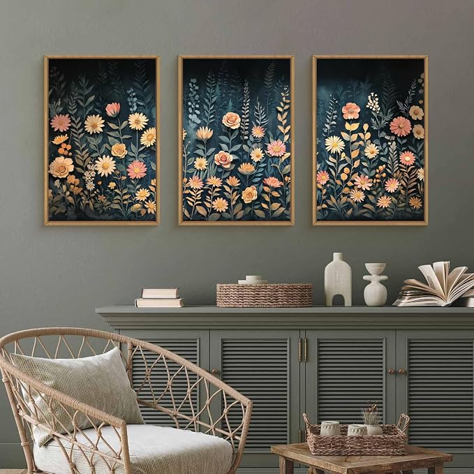 HPNIUB Vintage Dark Wildflowers Framed Wall Art Set,Modern Moody Floral Wall Decor,Botanical Colorful Vibrant Printing,Nature Spring Flower Artwork for Living Room, Bedroom,Office-16''x24''x3