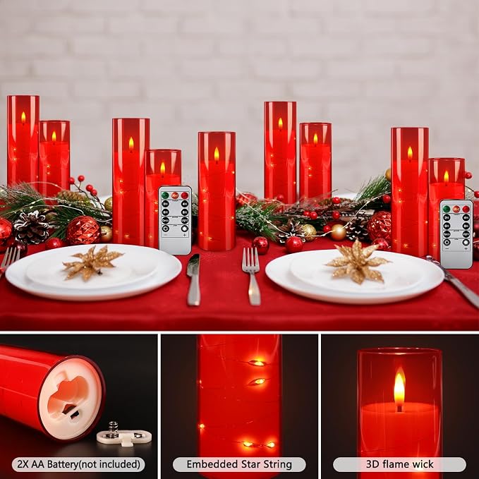 12‑Pack Red Flameless LED Candles(D 2.2" xH 5" 6" 7") with Embedded String Lights,Acrylic Pillar Candles with 2 Remote Timers, Battery‑Operated for Christmas, Halloween & New Year Decor.