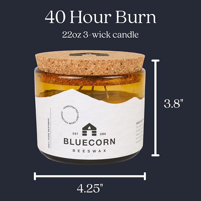Bluecorn Beeswax 3-Wick Candle, 22 Oz, Amber Glass, 1 Count | 100% Pure Bees Wax, Fragrance Free, Soy Free, Clean Burning, Long Lasting (40 Hr)