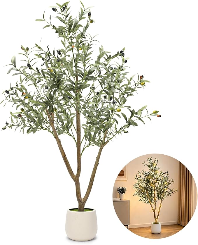 TNELTUEB Olive Trees Artificial Indoor: 5FT Fake Tree with Lights & Planter, Realistic Faux Olive Tree with Lifelike Fruits for Living Room Decor, Fake Silk Plants for Modern Home Office