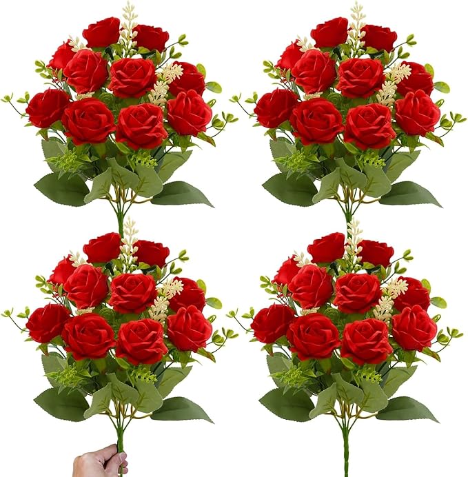 TURNMEON 40 Heads Fake Roses Artificial Flowers for Outdoors Summer Decor, 4 Bouquets UV Resistant Fake Flower Bouquet Faux Silk Roses for Wedding Birthday Party Home Mother's Day Cemetery Decor(Red)