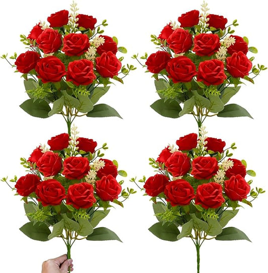 TURNMEON 40 Heads Fake Roses Artificial Flowers for Outdoors Summer Decor, 4 Bouquets UV Resistant Fake Flower Bouquet Faux Silk Roses for Wedding Birthday Party Home Mother's Day Cemetery Decor(Red)
