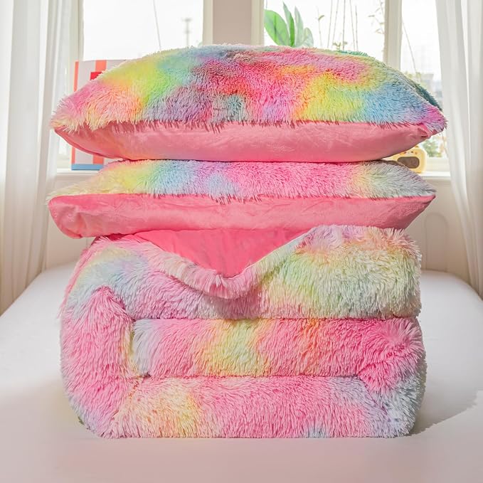 chovy Faux Fur Plush Tie-Dyed Pink Comforter Sets King - Ultra Soft Shaggy Flannel Velvet Fluffy Fuzzy 3PC Bedding Set （Comforter x 1 Pillowcases x 2）