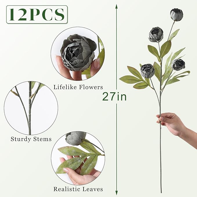 VIERENA 12 Pcs Faux Silk Peony Artificial Flowers for Vase -27", Bulk Fake Peonies Branches with Stems for DIY Bouquet Centerpieces Wedding Fillers Arrangements Shower Decorations (Dark Gray)