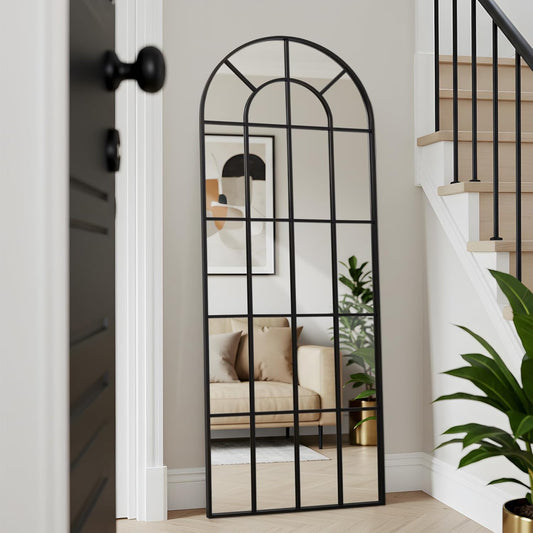 Arched Windowpane Mirror Full Length 71"x30" Wall Mounted Black Art Pane Farmhouse Decorative Floor Mirror Leaning Hanging Wall Mirror for Bedroom Living Room Entrance