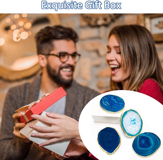 Luxiv Agate Coasters Set of 4 Crystal Drink Coasters with Gift Box (Blue) | Set Of 4 Natural Purple Agate Coasters, 3-4 Inch Crystal Stone With Gold Edge, Gift Box Included For Home Drink And Decor