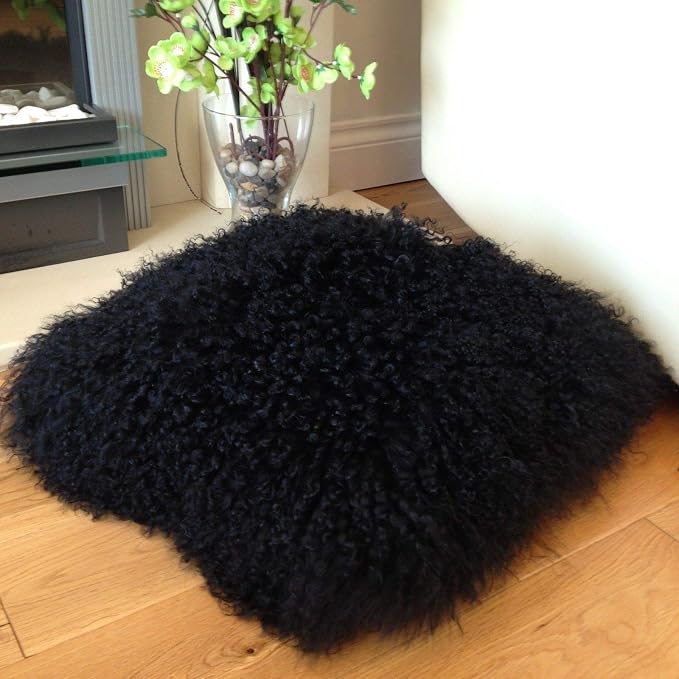 Seek4comfortable Real Tibetan Mongolian Lamb Sheepskin Wool Fur Super Soft Plush Leather Pillowcase Cushion Cover,Black, 18x18 inch