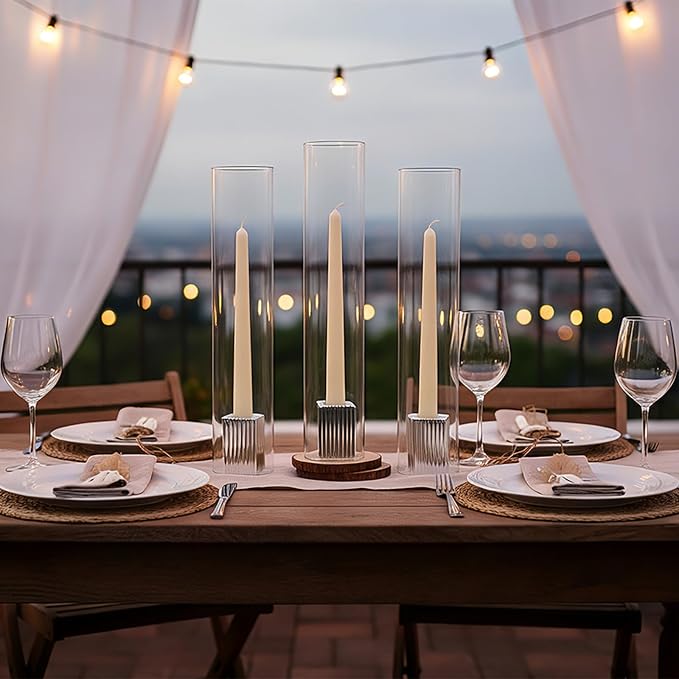 LETINE Hurricane Candle Holders with Silver Ribbed Taper Candle Holders Set of 9 (14")– Bulk Windproof Taper Candle Hurricane Glass for Outdoor&Indoors Wedding Centerpiece, Event & Home Decor