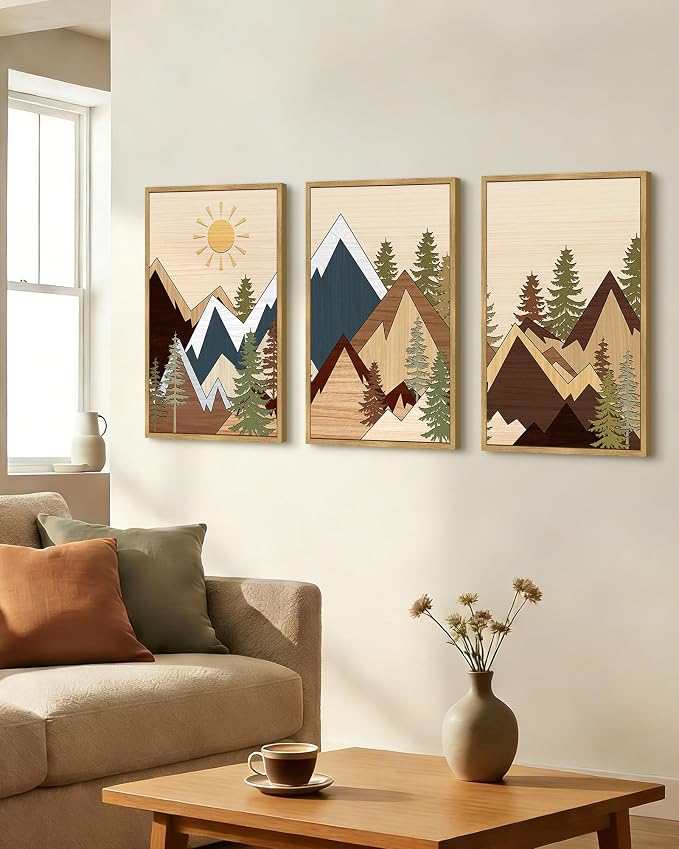 PHOPAGO Mountains Framed Wall Art Large 16x24in Morden Boho Woodcut Pine Tree Forest Nature Landscape Artwork Bohemain Farmhouse Living Room Rustic Home Decor - Natural Framed