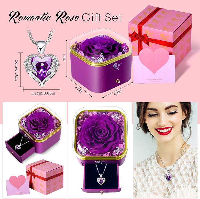 Valentines Day Gifts for Her - Preserved Real Blue Rose with Heart Necklace, Forever Flowers Gifts for Mom Grandma Wife Girlfriend at Christmas, Valentines, Mothers Day, Anniversary or Birthday Gifts for Women to Send Love
