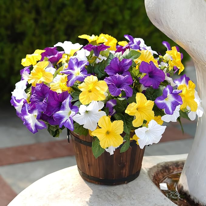 FULLMUSIC Spring Artificial Flowers for Outdoors, UV Resistant Fake Morning Glory, Look Real Faux Silk Plants for Front Door Garden Porch Planter
