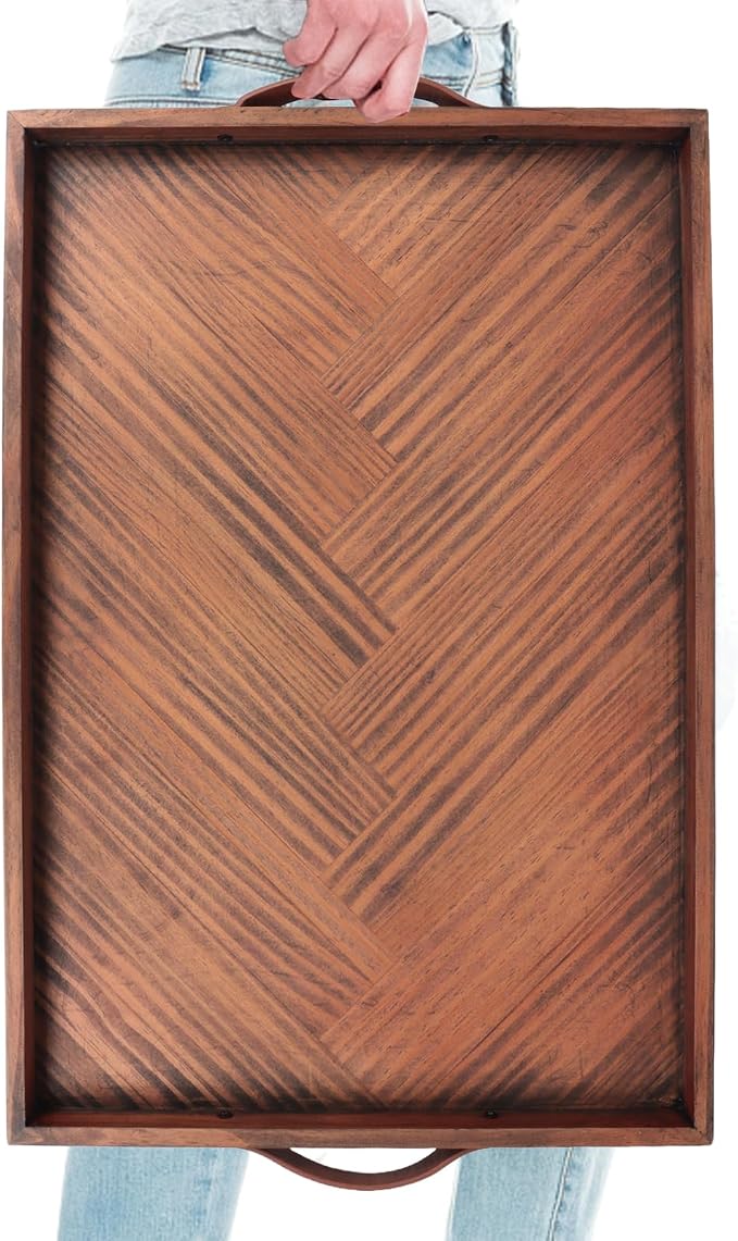SXNOWS Wooden Serving Tray with Leather Handles, 24x16 in | Large Rectangle Wood Tray,Perfect for Ottoman Coffee Table Living Room and Kitchen, Rustic Gift for Home Decor