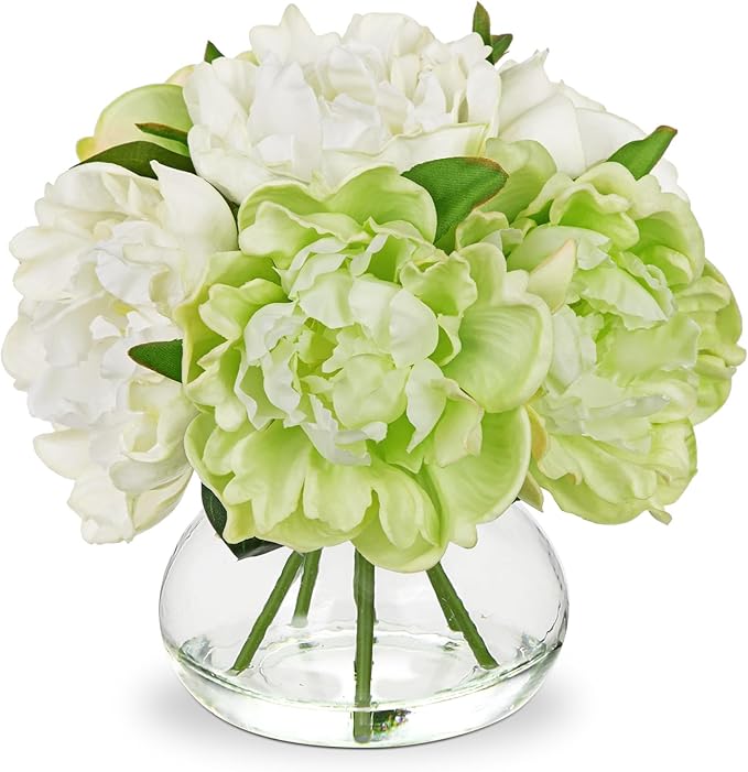 Hollyone White and Green Peonies Artificial Flowers with Vase Faux Flowers Peony Fake Flowers Silk Flower Arrangements in Glass Vase with Faux Water for Bathroom Table Centerpiece Shelf Home Decor