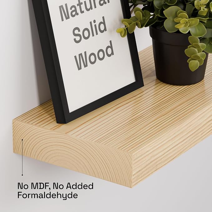 Solid Wood Floating Shelves for Wall 30 Inches Long, Natural Wood Shelf | Real Wood, Wooden Shelf Bathroom Large, Light Oak, Wall Mount, Kitchen Bedroom, Natural Oak Finish, 30W × 6.7D, Set of 2